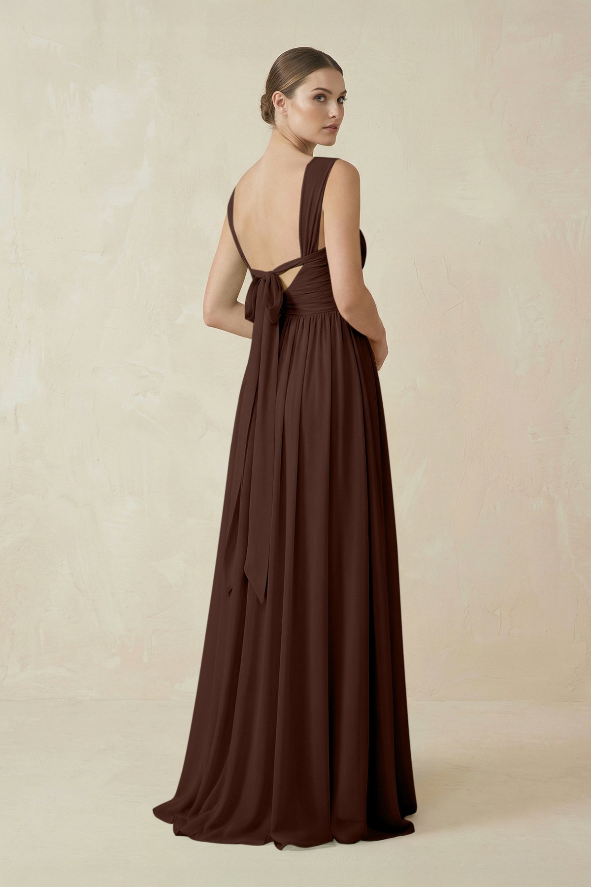 A - Line Pleated Chiffon Long Bridesmaid Dress in Espresso - SHE IS ME Bridesmaid Dresses