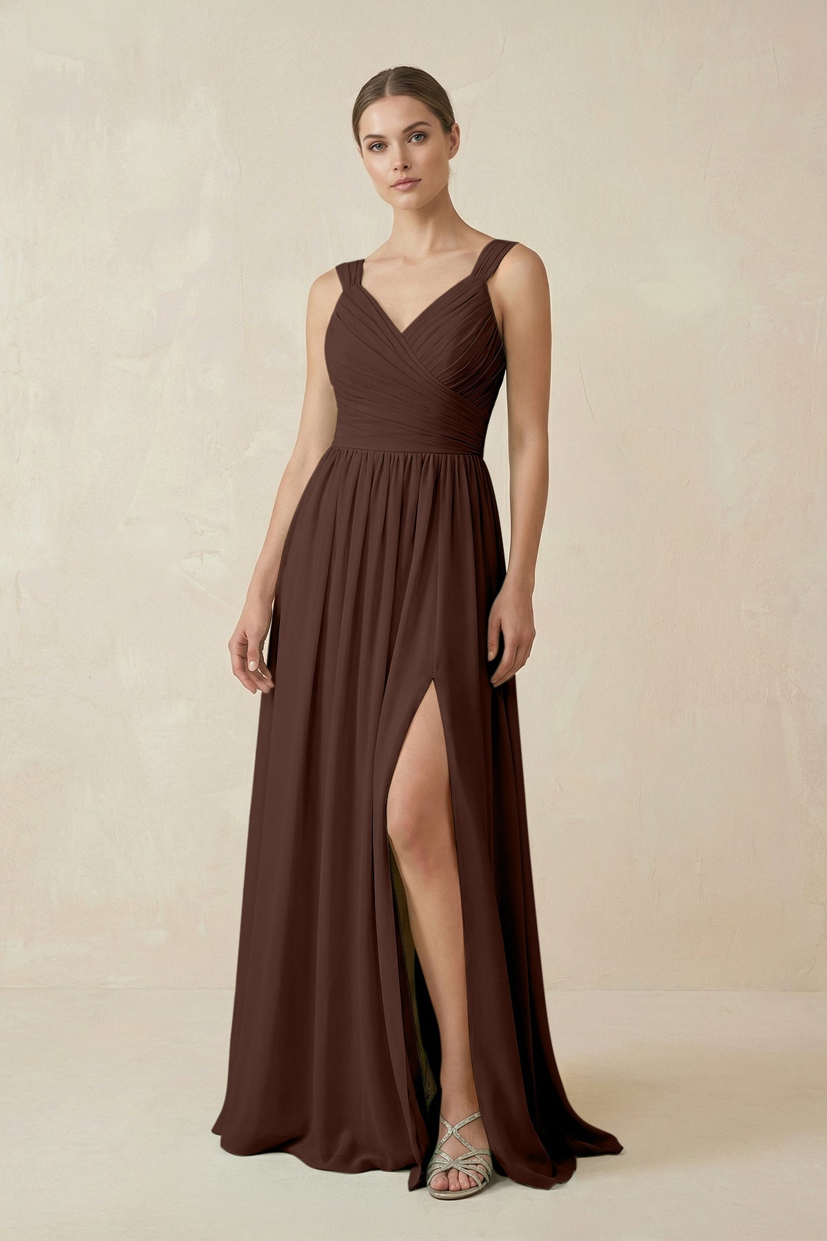 A - Line Pleated Chiffon Long Bridesmaid Dress in Espresso - SHE IS ME Bridesmaid Dresses