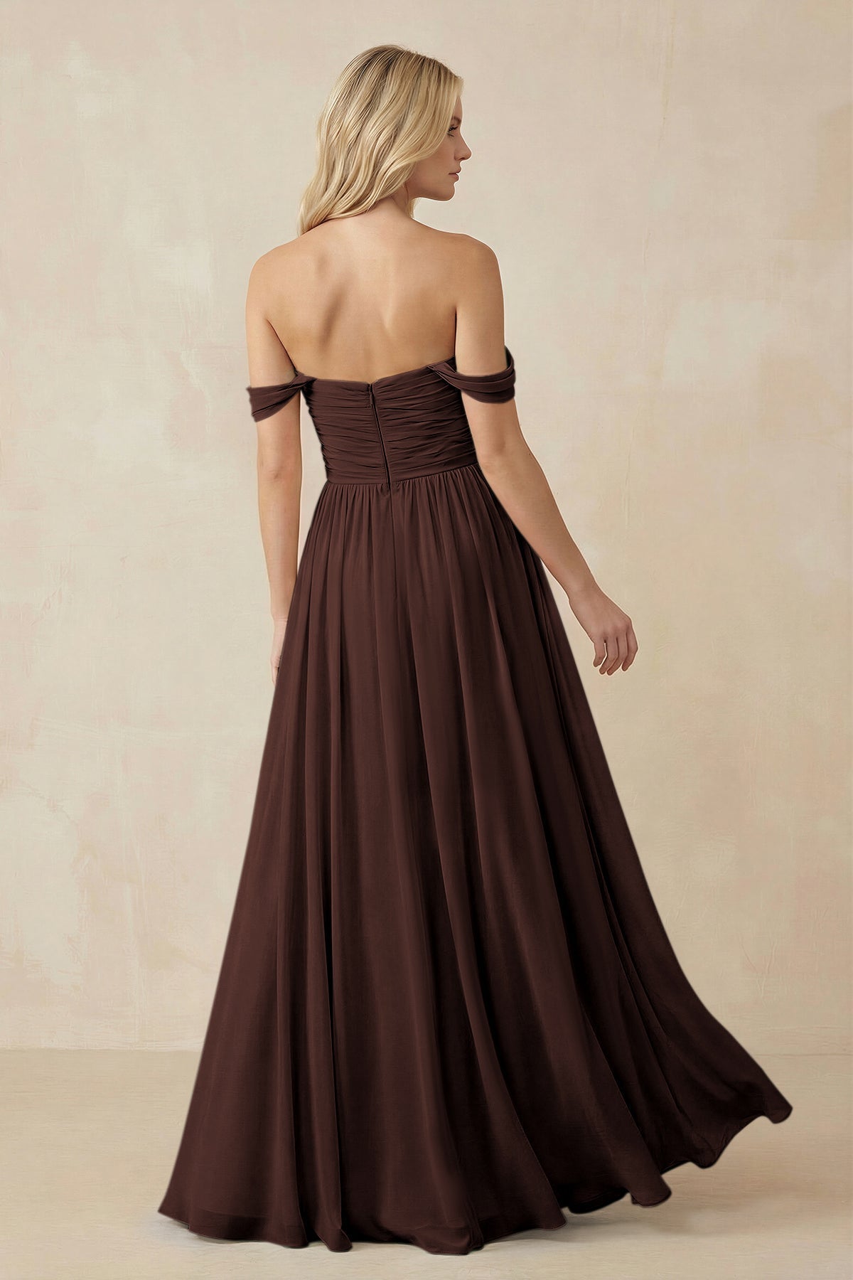 A - Line Pleated Chiffon Long Bridesmaid Dress in Espresso - SHE IS ME Bridesmaid Dresses