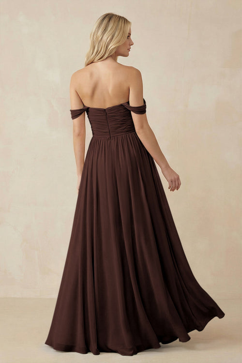 A - Line Pleated Chiffon Long Bridesmaid Dress in Espresso - SHE IS ME Bridesmaid Dresses