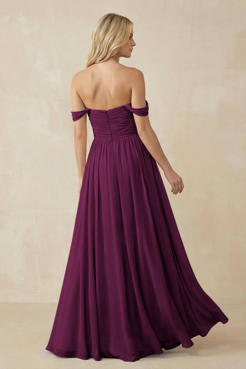 A - Line Pleated Chiffon Long Bridesmaid Dress in Fig - SHE IS ME Bridesmaid Dresses
