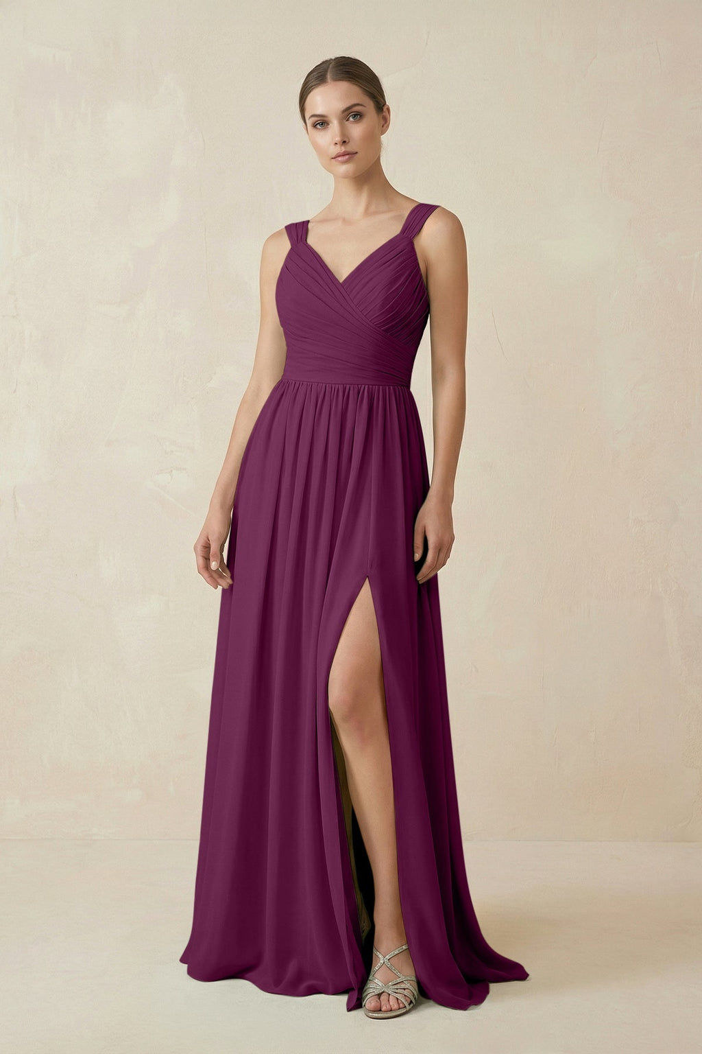 A - Line Pleated Chiffon Long Bridesmaid Dress in Fig - SHE IS ME Bridesmaid Dresses