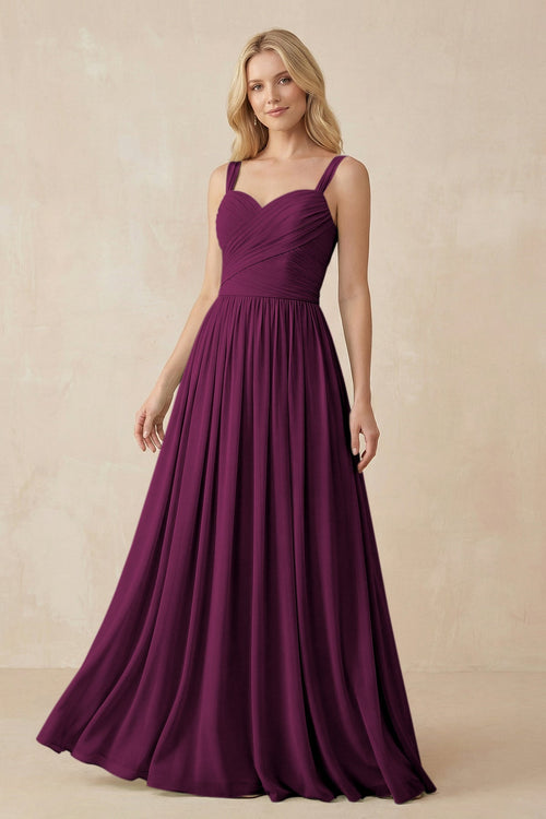 A - Line Pleated Chiffon Long Bridesmaid Dress in Fig - SHE IS ME Bridesmaid Dresses