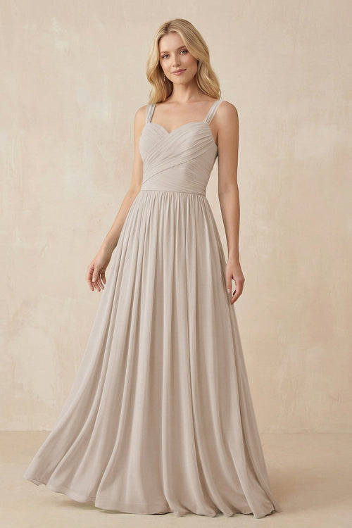 A - Line Pleated Chiffon Long Bridesmaid Dress in Frost - SHE IS ME Bridesmaid Dresses