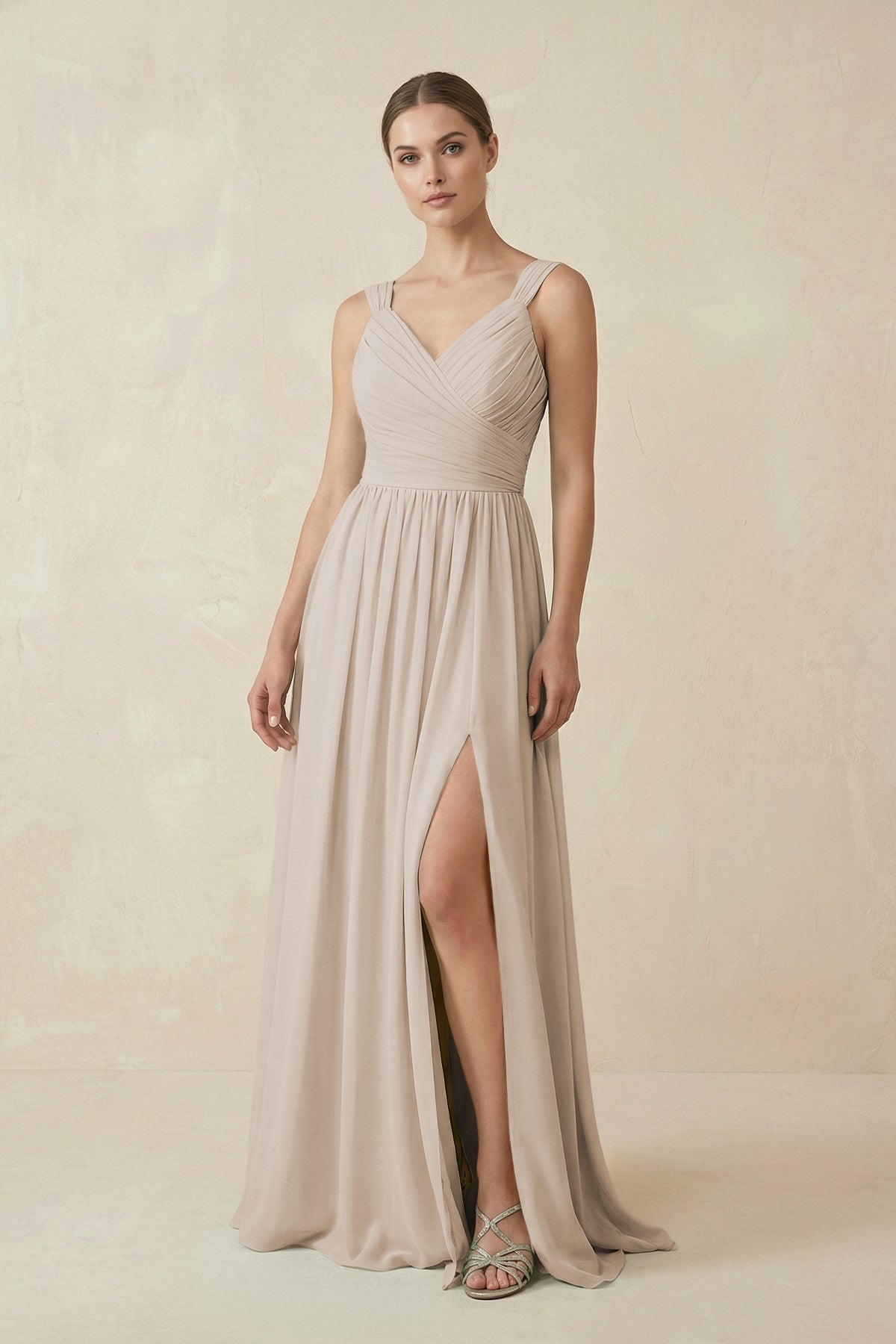 A - Line Pleated Chiffon Long Bridesmaid Dress in Frost - SHE IS ME Bridesmaid Dresses