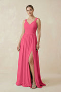 A - Line Pleated Chiffon Long Bridesmaid Dress in Fuchsia - SHE IS ME Bridesmaid Dresses