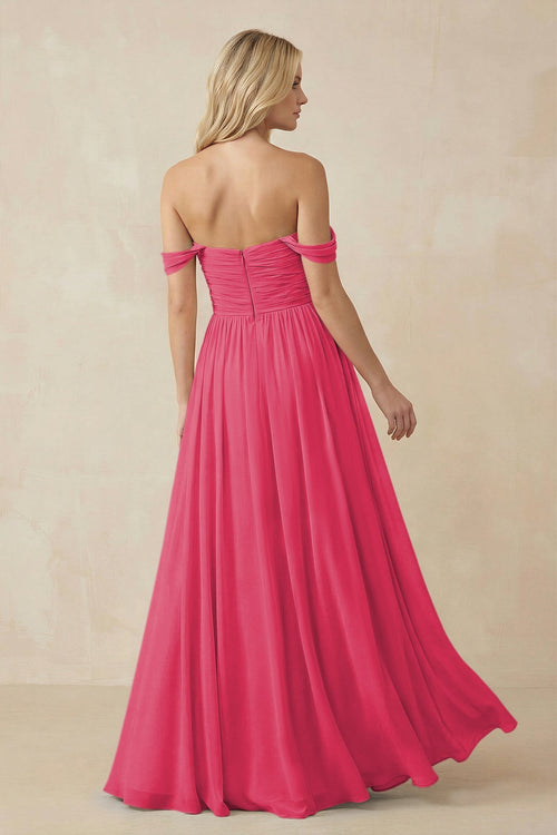A - Line Pleated Chiffon Long Bridesmaid Dress in Fuchsia - SHE IS ME Bridesmaid Dresses