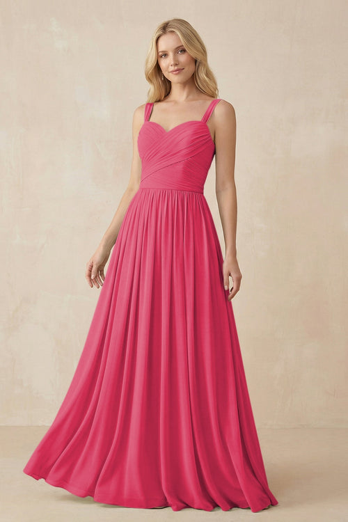 A - Line Pleated Chiffon Long Bridesmaid Dress in Fuchsia - SHE IS ME Bridesmaid Dresses