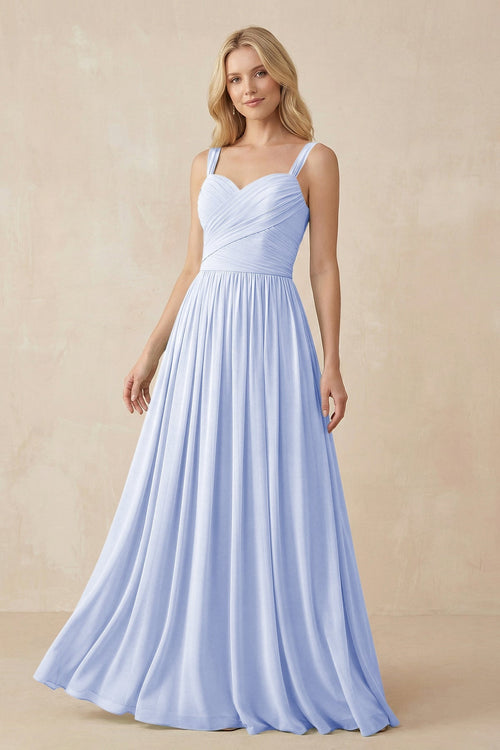 A - Line Pleated Chiffon Long Bridesmaid Dress in Ice - SHE IS ME Bridesmaid Dresses