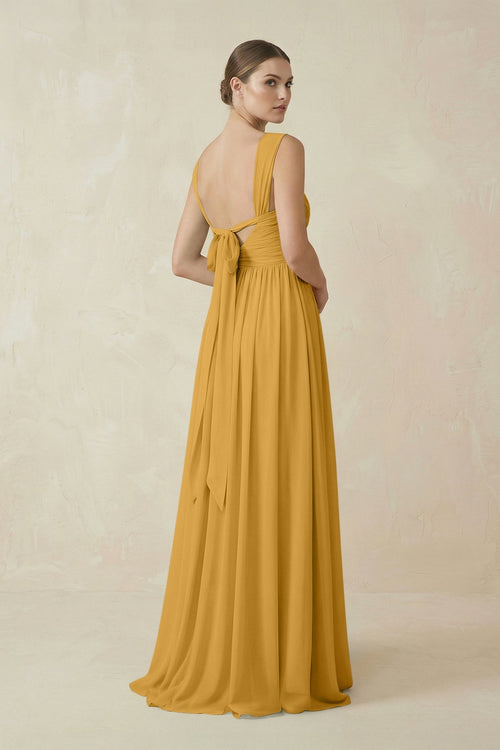 A - Line Pleated Chiffon Long Bridesmaid Dress in Marigold - SHE IS ME Bridesmaid Dresses