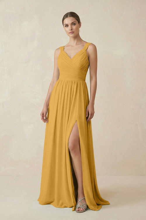 A - Line Pleated Chiffon Long Bridesmaid Dress in Marigold - SHE IS ME Bridesmaid Dresses