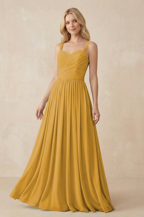 A - Line Pleated Chiffon Long Bridesmaid Dress in Marigold - SHE IS ME Bridesmaid Dresses