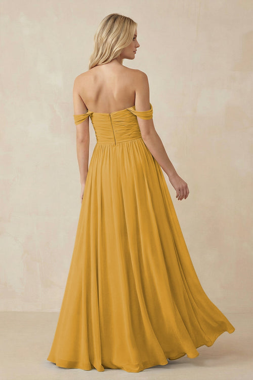 A - Line Pleated Chiffon Long Bridesmaid Dress in Marigold - SHE IS ME Bridesmaid Dresses