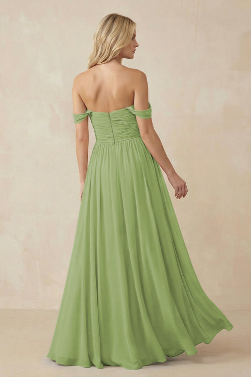 A - Line Pleated Chiffon Long Bridesmaid Dress in Matcha - SHE IS ME Bridesmaid Dresses