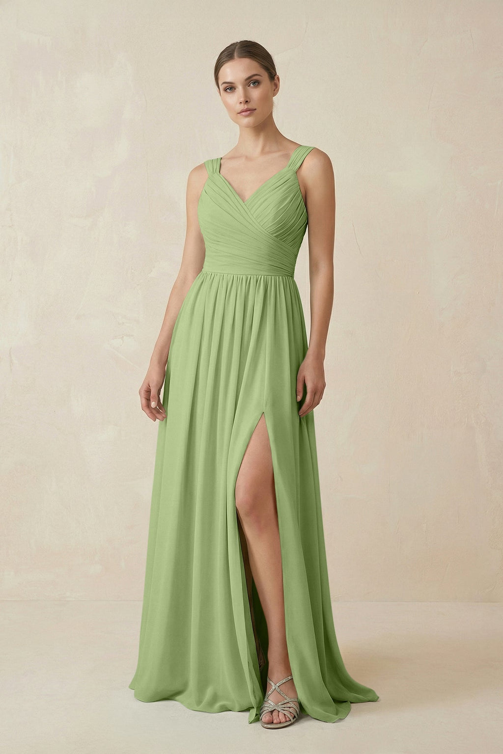 A - Line Pleated Chiffon Long Bridesmaid Dress in Matcha - SHE IS ME Bridesmaid Dresses