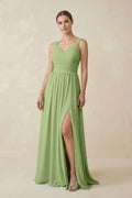 A - Line Pleated Chiffon Long Bridesmaid Dress in Matcha - SHE IS ME Bridesmaid Dresses