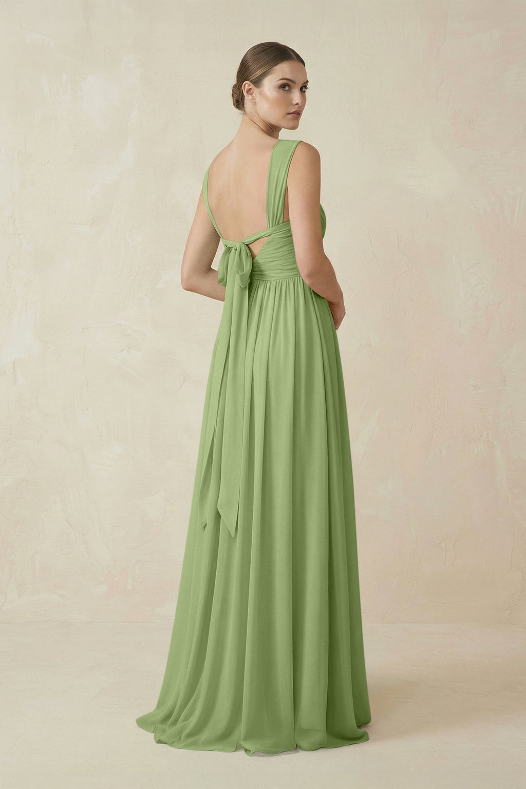 A - Line Pleated Chiffon Long Bridesmaid Dress in Matcha - SHE IS ME Bridesmaid Dresses