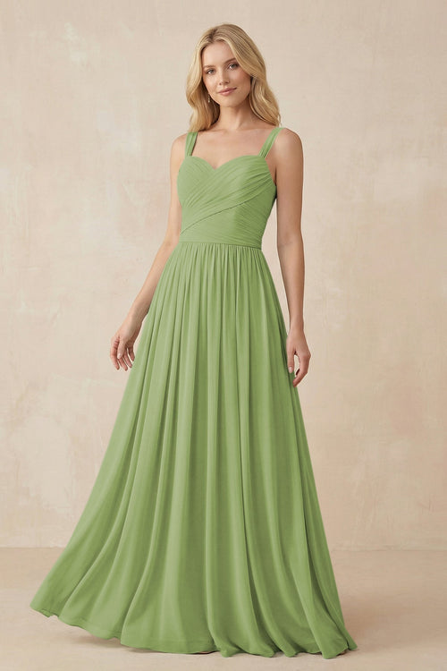 A - Line Pleated Chiffon Long Bridesmaid Dress in Matcha - SHE IS ME Bridesmaid Dresses