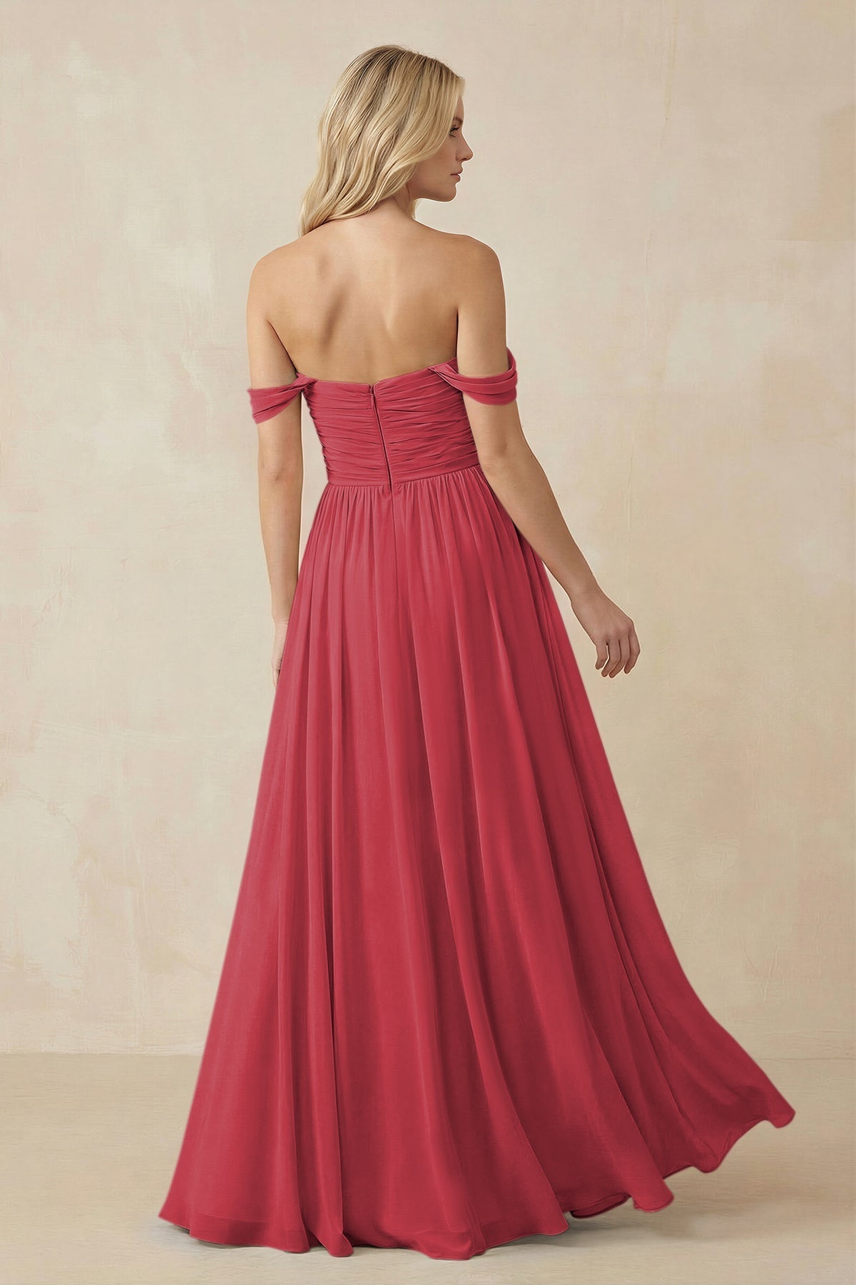 A - Line Pleated Chiffon Long Bridesmaid Dress in Merlot - SHE IS ME Bridesmaid Dresses