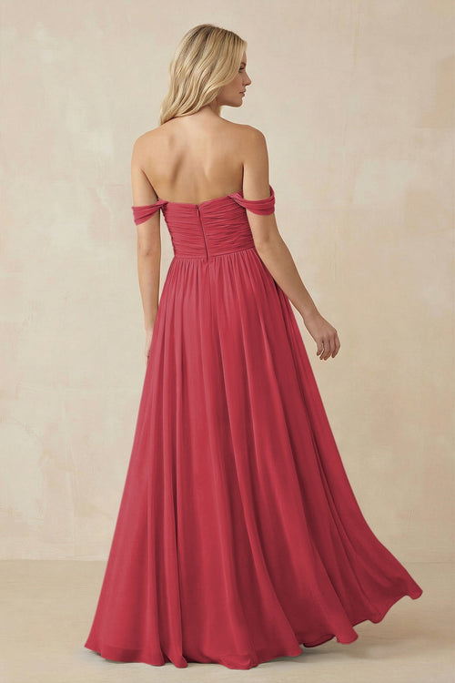 A - Line Pleated Chiffon Long Bridesmaid Dress in Merlot - SHE IS ME Bridesmaid Dresses