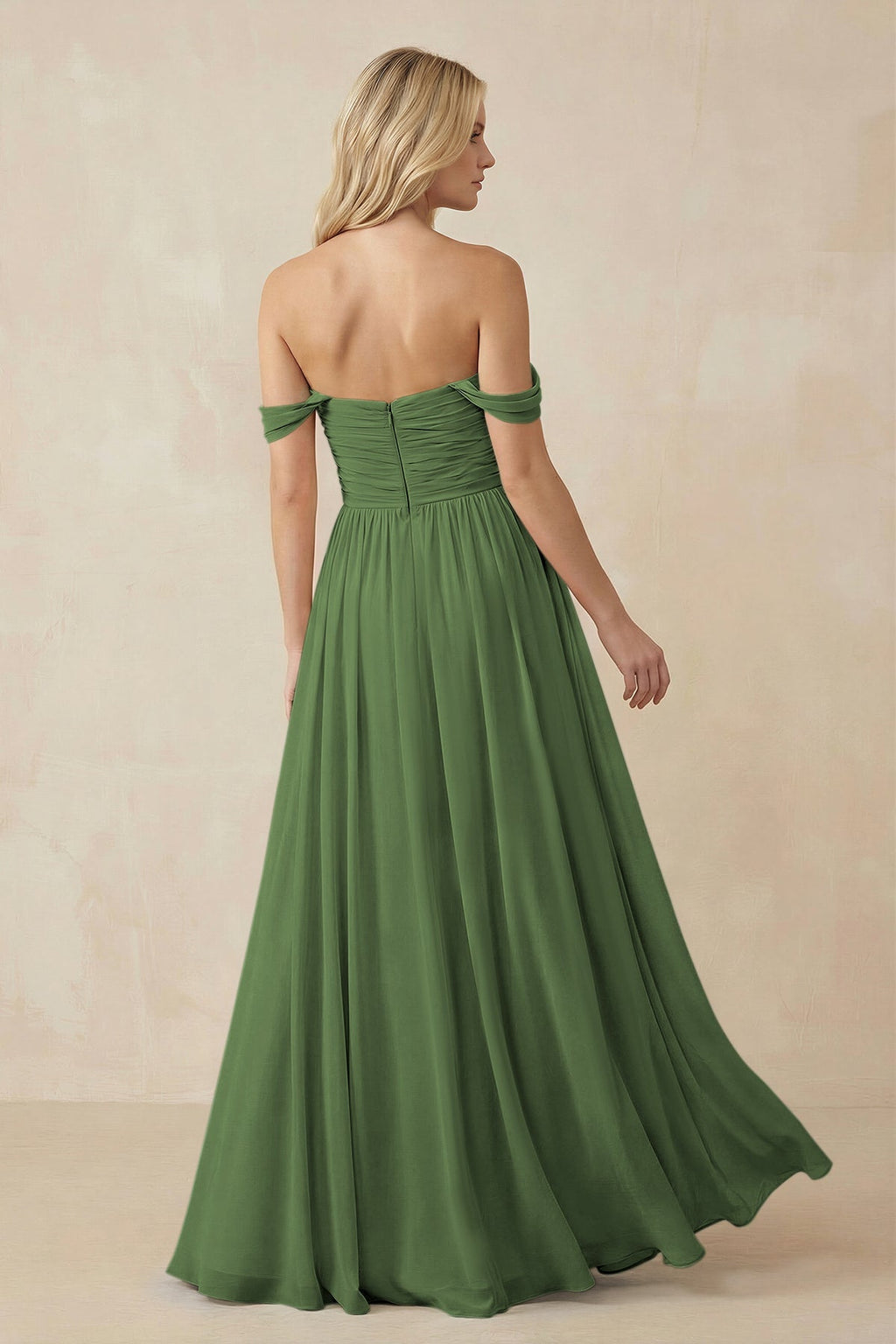 A - Line Pleated Chiffon Long Bridesmaid Dress in Moss - SHE IS ME Bridesmaid Dresses