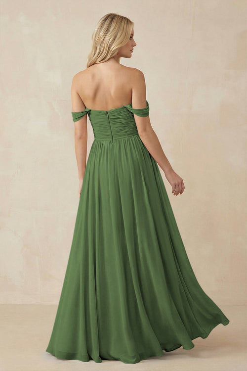 A - Line Pleated Chiffon Long Bridesmaid Dress in Moss - SHE IS ME Bridesmaid Dresses