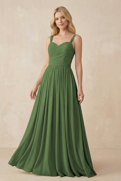 A - Line Pleated Chiffon Long Bridesmaid Dress in Moss - SHE IS ME Bridesmaid Dresses