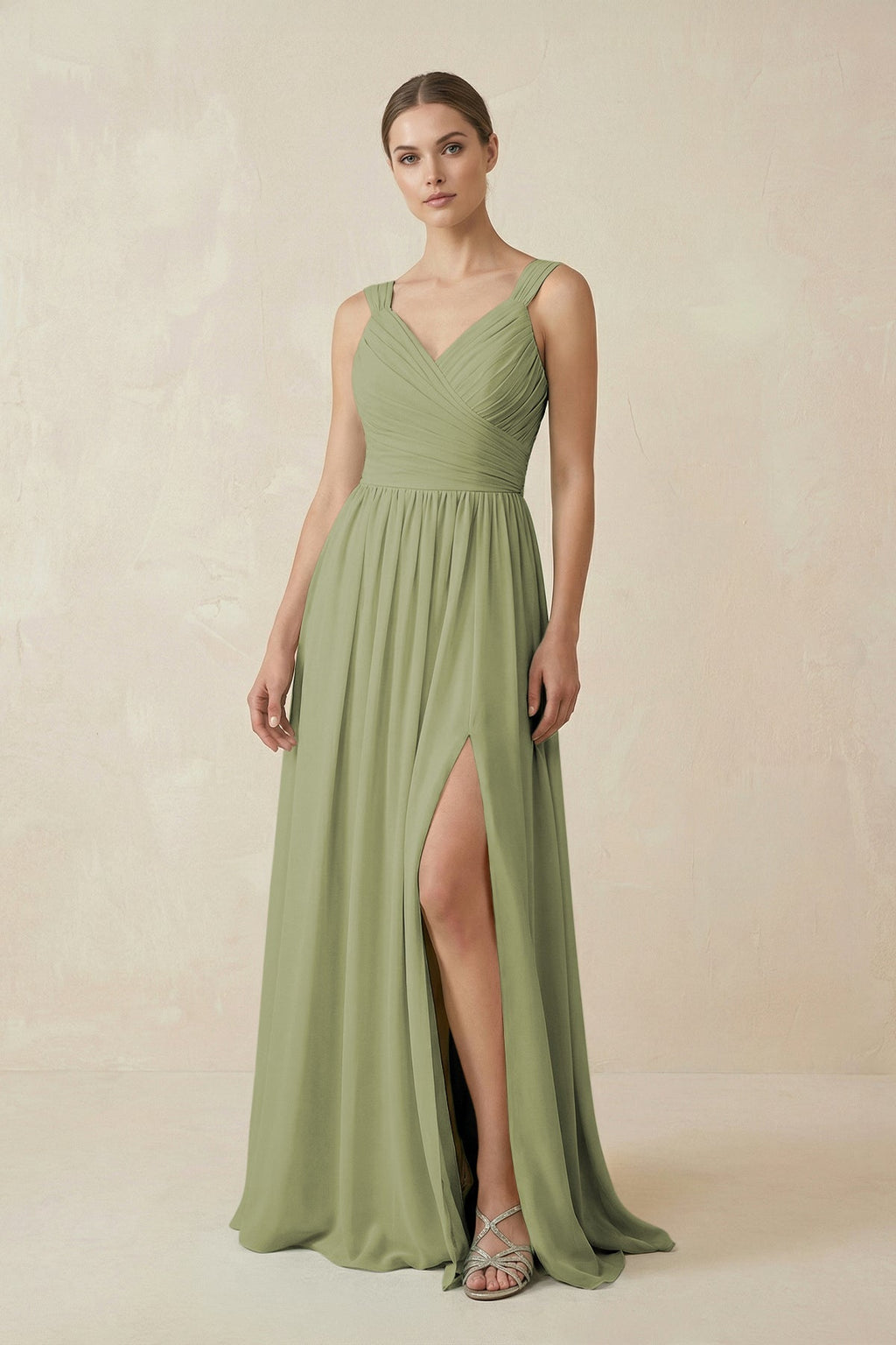 A - Line Pleated Chiffon Long Bridesmaid Dress in Moss Green - SHE IS ME Bridesmaid Dresses