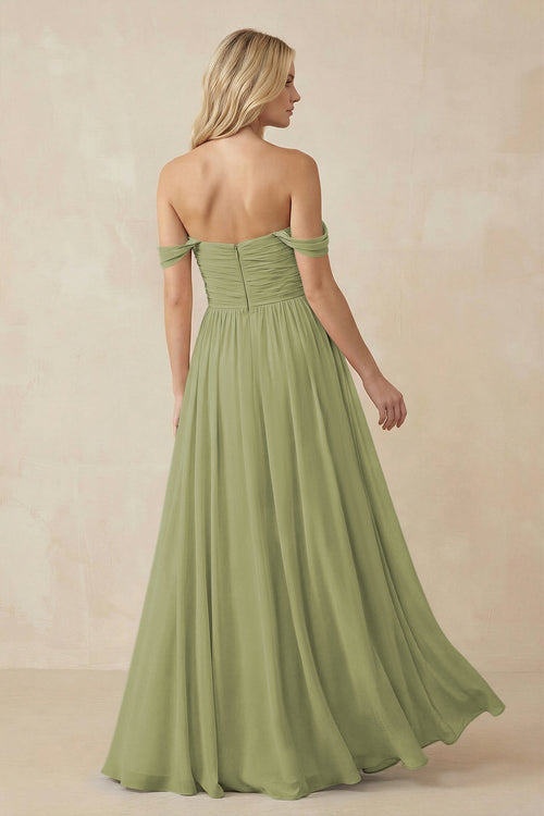 A - Line Pleated Chiffon Long Bridesmaid Dress in Moss Green - SHE IS ME Bridesmaid Dresses