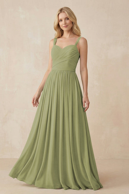 A - Line Pleated Chiffon Long Bridesmaid Dress in Moss Green - SHE IS ME Bridesmaid Dresses