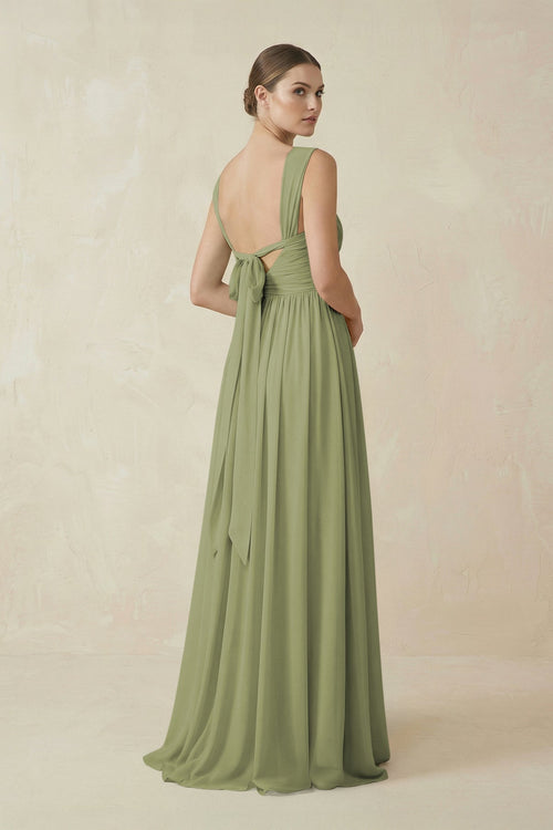 A - Line Pleated Chiffon Long Bridesmaid Dress in Moss Green - SHE IS ME Bridesmaid Dresses