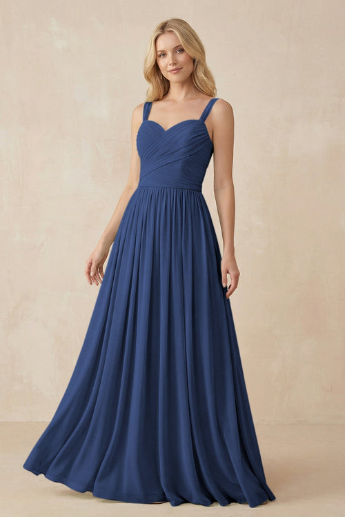 A - Line Pleated Chiffon Long Bridesmaid Dress in Navy - SHE IS ME Bridesmaid Dresses