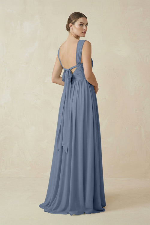 A - Line Pleated Chiffon Long Bridesmaid Dress in Neptune - SHE IS ME Bridesmaid Dresses
