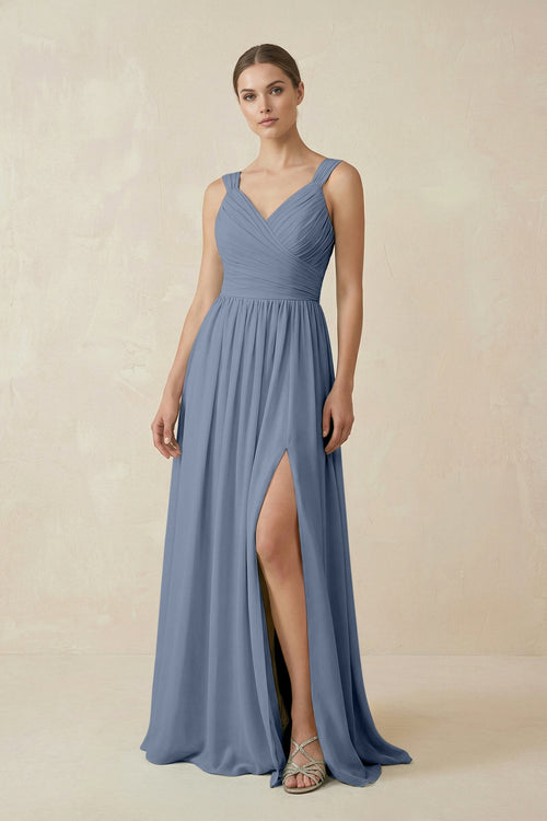 A - Line Pleated Chiffon Long Bridesmaid Dress in Neptune - SHE IS ME Bridesmaid Dresses
