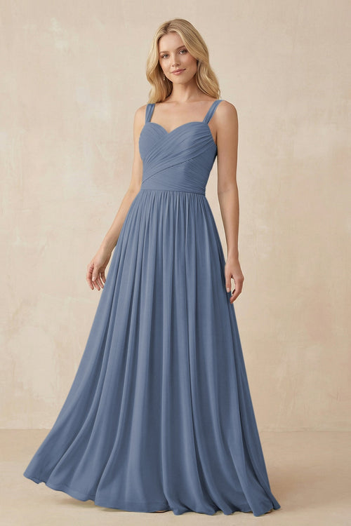 A - Line Pleated Chiffon Long Bridesmaid Dress in Neptune - SHE IS ME Bridesmaid Dresses