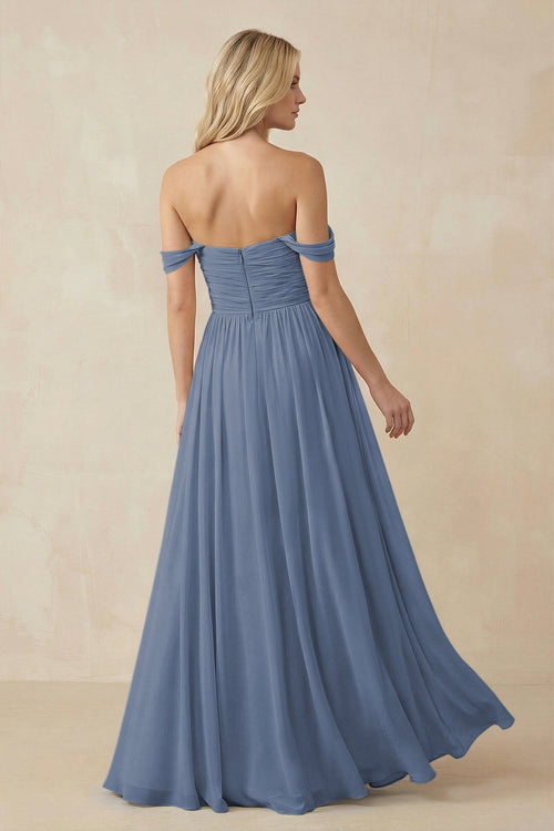 A - Line Pleated Chiffon Long Bridesmaid Dress in Neptune - SHE IS ME Bridesmaid Dresses