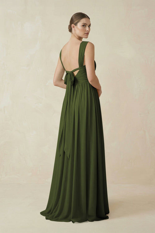 A - Line Pleated Chiffon Long Bridesmaid Dress in Olive - SHE IS ME Bridesmaid Dresses