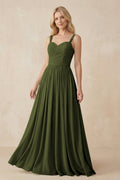 A - Line Pleated Chiffon Long Bridesmaid Dress in Olive - SHE IS ME Bridesmaid Dresses
