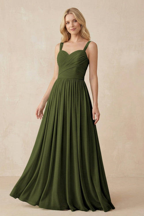 A - Line Pleated Chiffon Long Bridesmaid Dress in Olive - SHE IS ME Bridesmaid Dresses