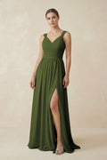 A - Line Pleated Chiffon Long Bridesmaid Dress in Olive - SHE IS ME Bridesmaid Dresses