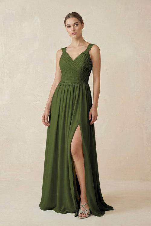 A - Line Pleated Chiffon Long Bridesmaid Dress in Olive - SHE IS ME Bridesmaid Dresses