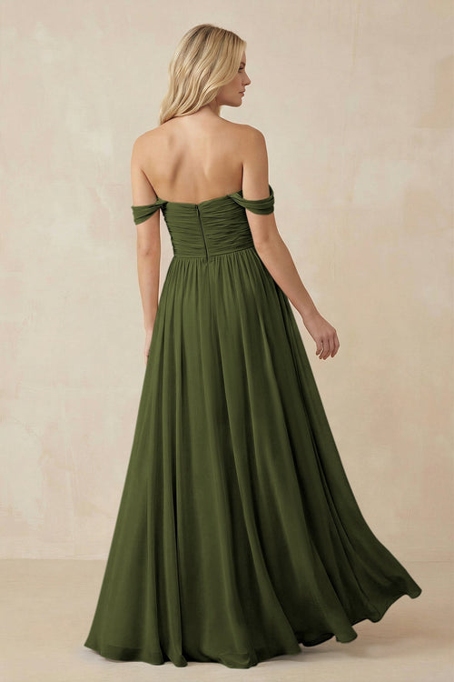A - Line Pleated Chiffon Long Bridesmaid Dress in Olive - SHE IS ME Bridesmaid Dresses