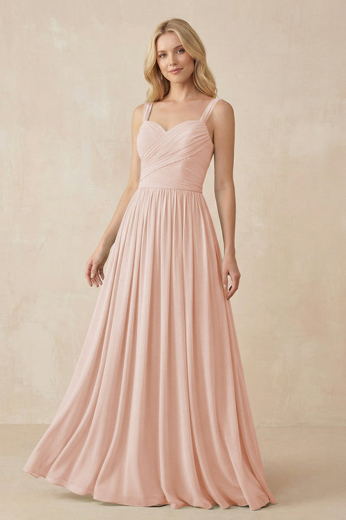 A - Line Pleated Chiffon Long Bridesmaid Dress in Pale Blush - SHE IS ME Bridesmaid Dresses