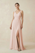 A - Line Pleated Chiffon Long Bridesmaid Dress in Pale Blush - SHE IS ME Bridesmaid Dresses