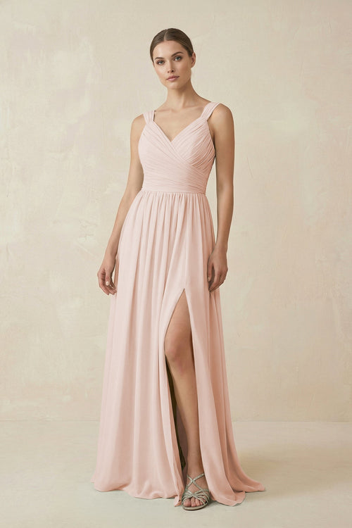 A - Line Pleated Chiffon Long Bridesmaid Dress in Pale Blush - SHE IS ME Bridesmaid Dresses