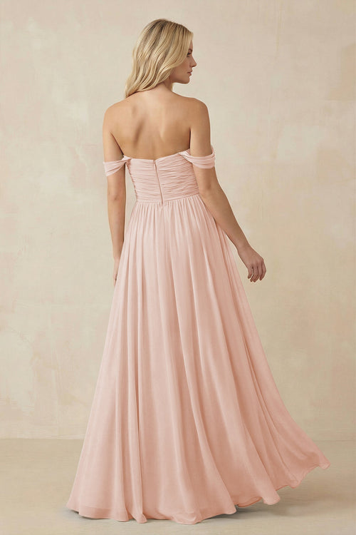 A - Line Pleated Chiffon Long Bridesmaid Dress in Pale Blush - SHE IS ME Bridesmaid Dresses