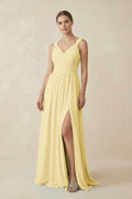 A - Line Pleated Chiffon Long Bridesmaid Dress in Pastel Yellow - SHE IS ME Bridesmaid Dresses