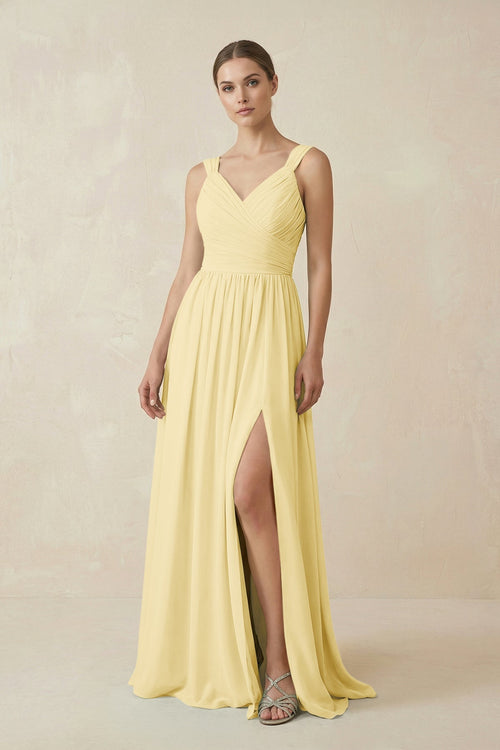 A - Line Pleated Chiffon Long Bridesmaid Dress in Pastel Yellow - SHE IS ME Bridesmaid Dresses