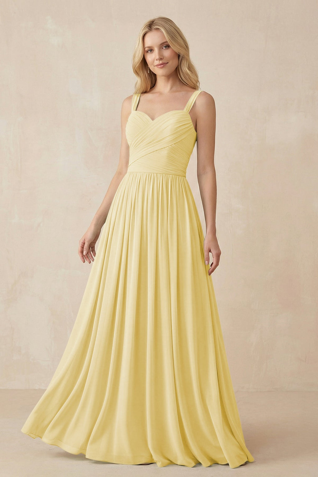 A - Line Pleated Chiffon Long Bridesmaid Dress in Pastel Yellow - SHE IS ME Bridesmaid Dresses