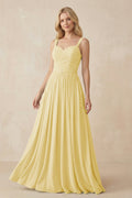 A - Line Pleated Chiffon Long Bridesmaid Dress in Pastel Yellow - SHE IS ME Bridesmaid Dresses